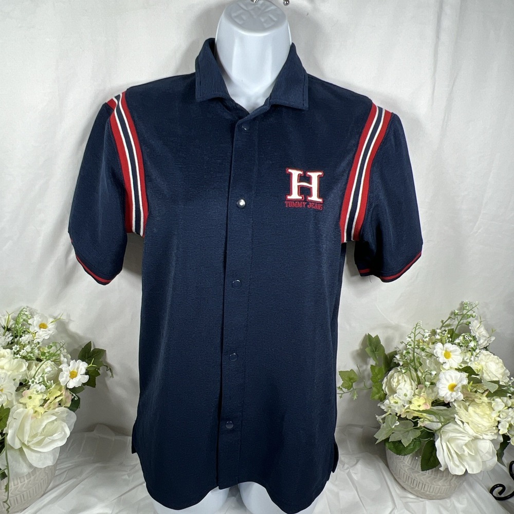 VTG Tommy Hilfiger Snap-Front Ribbed Appliqued Navy Blue Collared Top Wm's Large